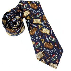 Necktie Is There A Doctor in the House? 100% Silk Made in USA Navy 58"x 3.75"